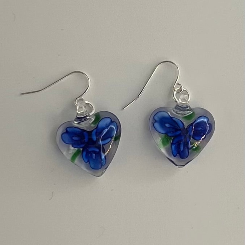 Sterling Silver Murano Glass Heart Earrings - Blue Floral